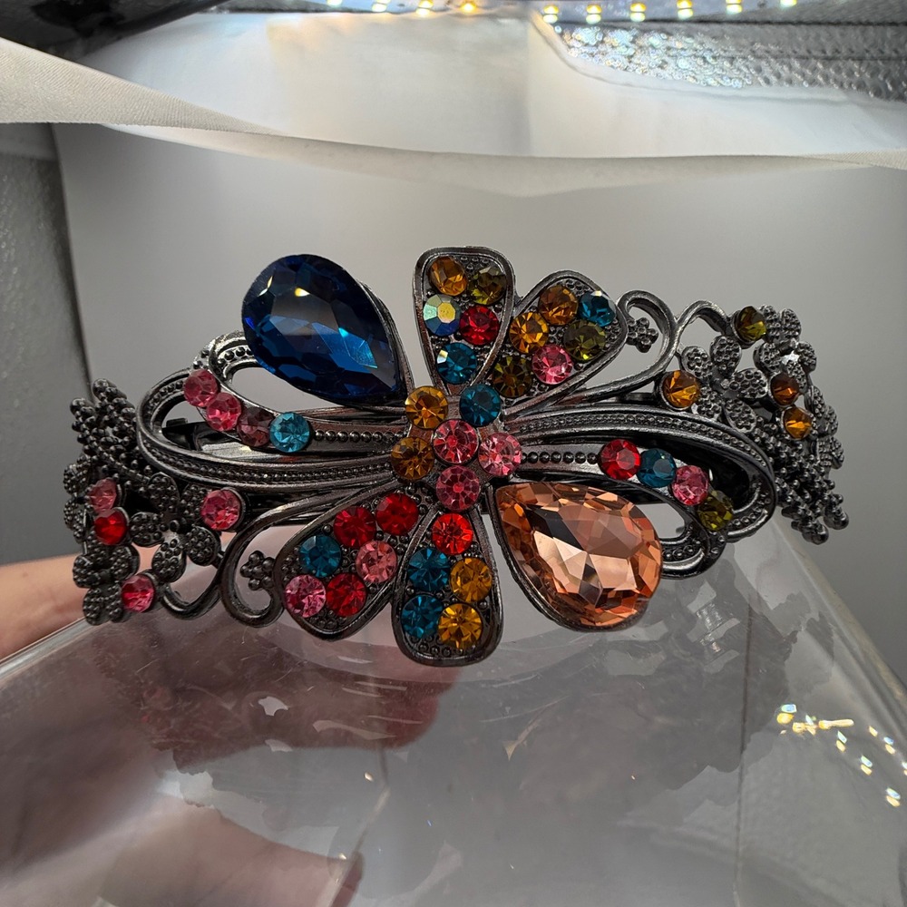 Multicolor Rhinestone Floral Barrette Large Jeweled Hair Clip Gunmetal 4" - Picture 7 of 9
